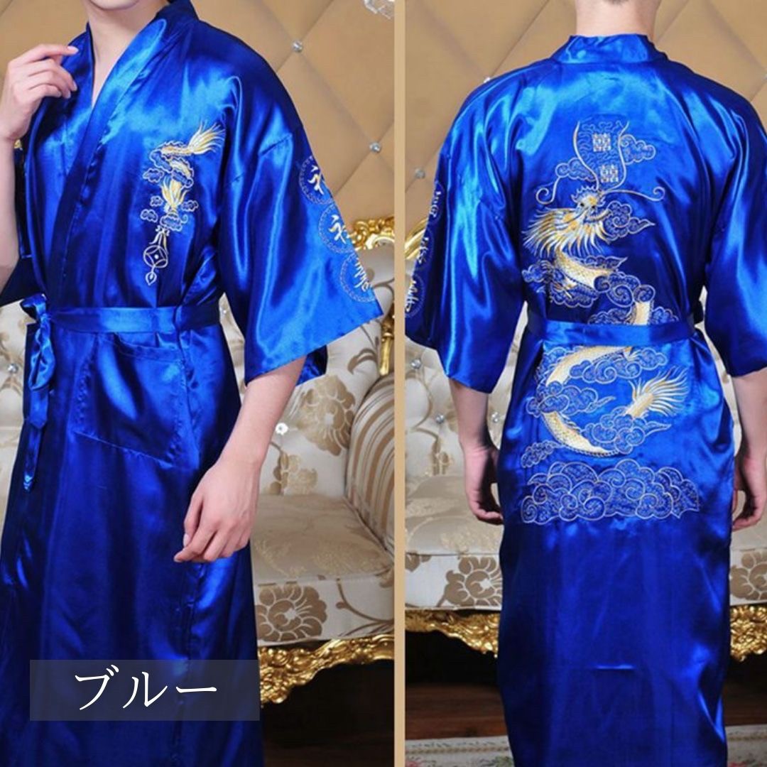男性ファッション その他 | 龍刺繍サテンシルクバスローブ - 3色展開