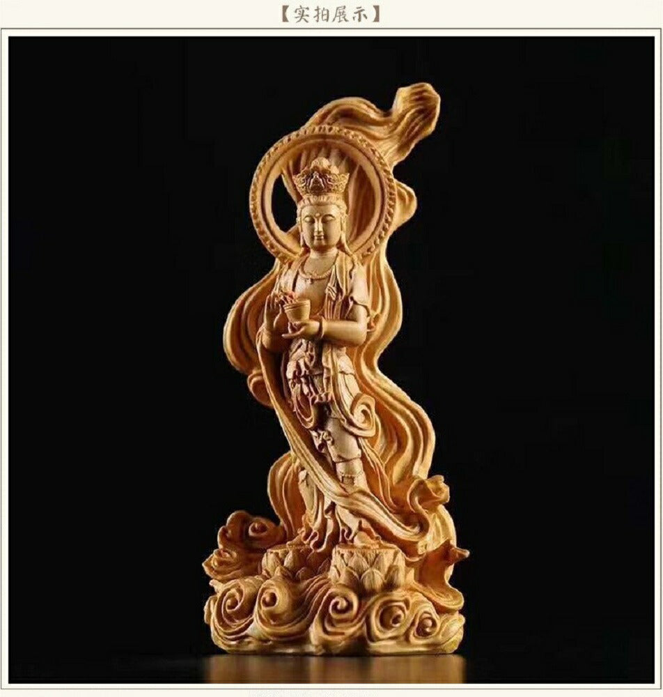 風水 インテリア | 高級天然ツゲ木彫り観音立像・風水透かし彫り仏像