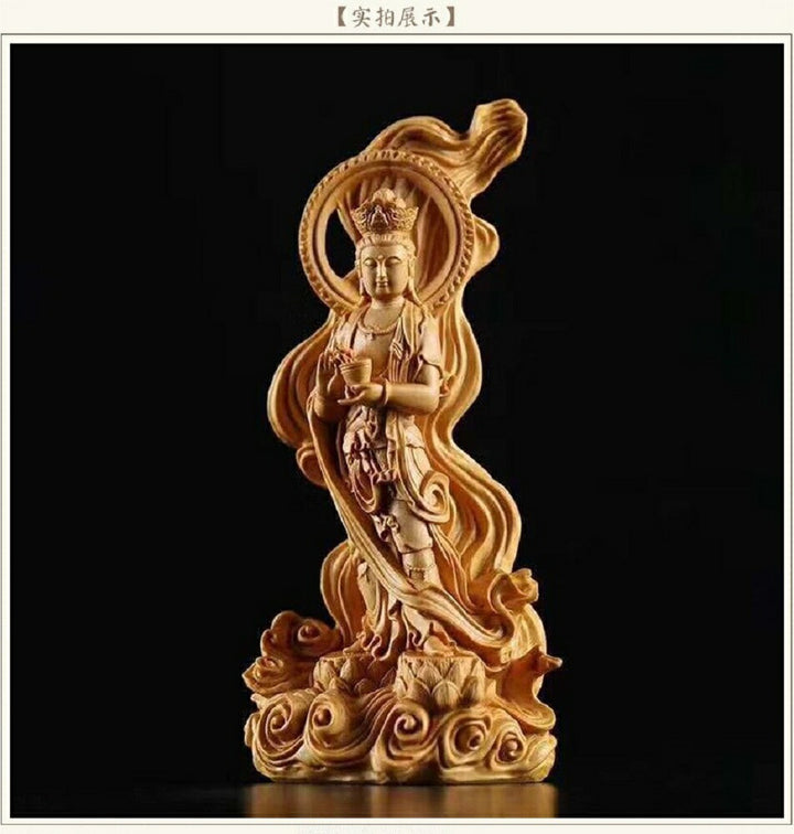 風水 インテリア | 高級天然ツゲ木彫り観音立像・風水透かし彫り仏像