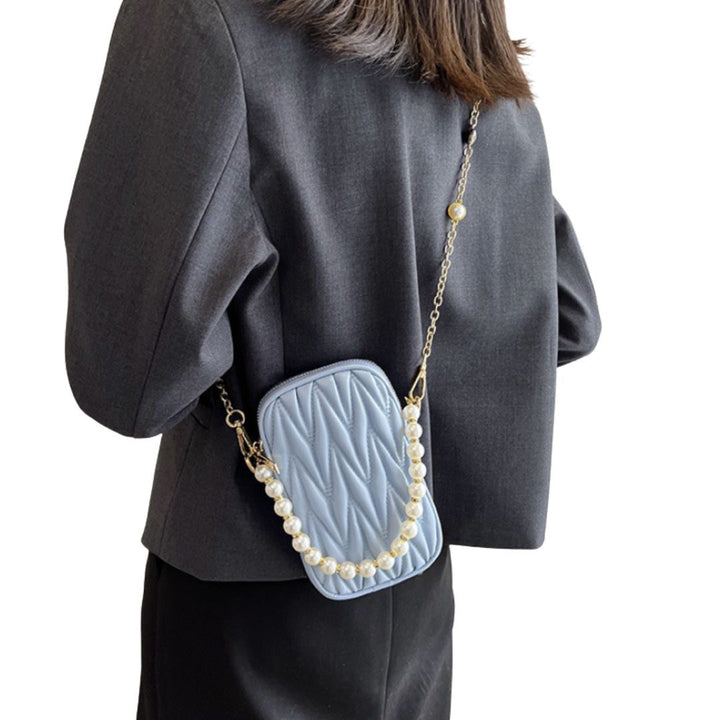 バッグ | キルティング ミニショルダーバッグ 2way パールチェーン - ホワイト/ライトブルー