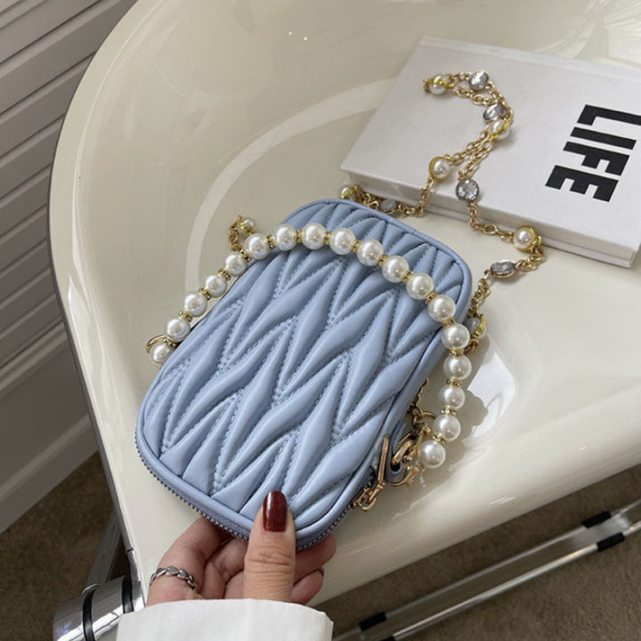 バッグ | キルティング ミニショルダーバッグ 2way パールチェーン - ホワイト/ライトブルー