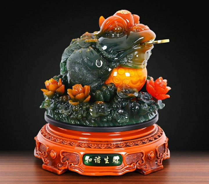 風水 インテリア | 蓮の花に座る特大風水カエル - 金運・商売繁盛・開店祝い