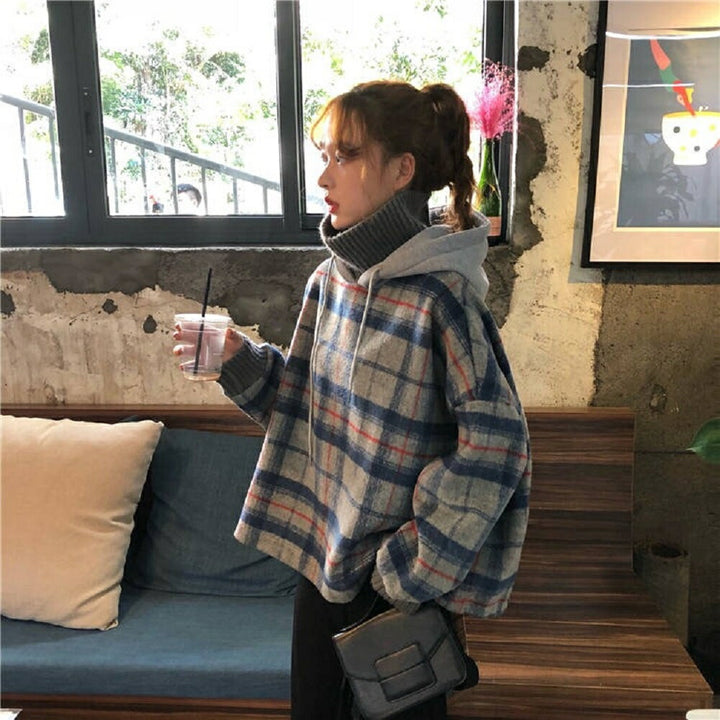 パーカー 女性 | ハイネック チェック柄 オーバーサイズパーカー