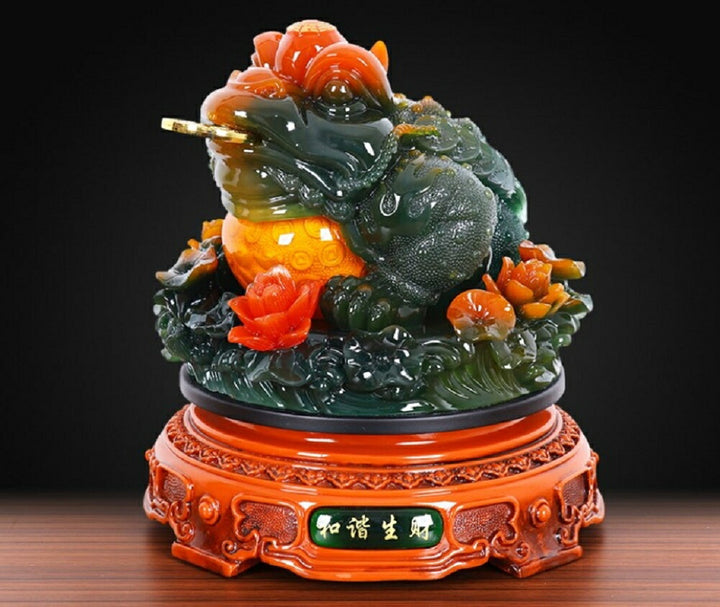 風水 インテリア | 蓮の花に座る特大風水カエル - 金運・商売繁盛・開店祝い