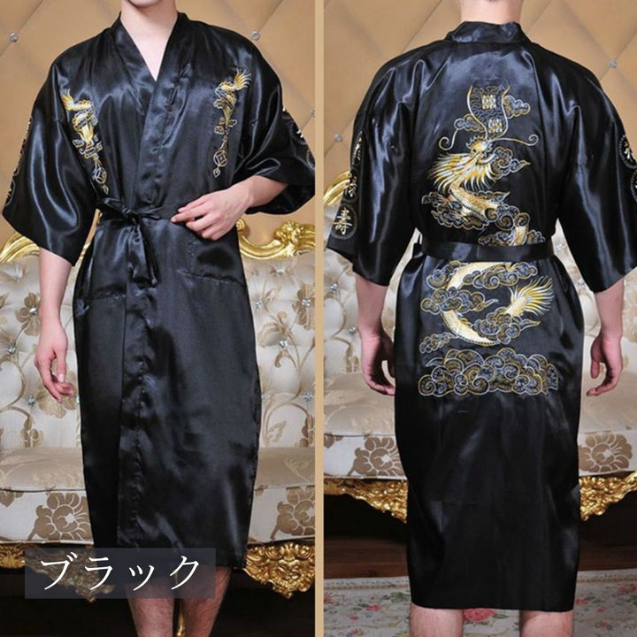 男性ファッション その他 | 龍刺繍サテンシルクバスローブ - 3色展開
