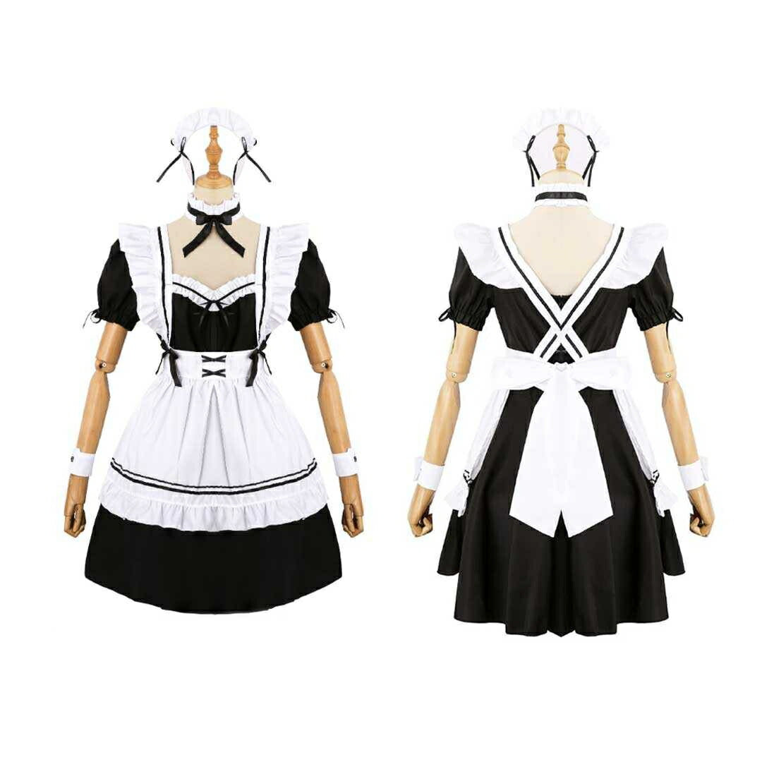 ワンピース ドレス | ハロウィン用メイド服コスプレセット - ホワイト＆ブラック、大きいサイズあり