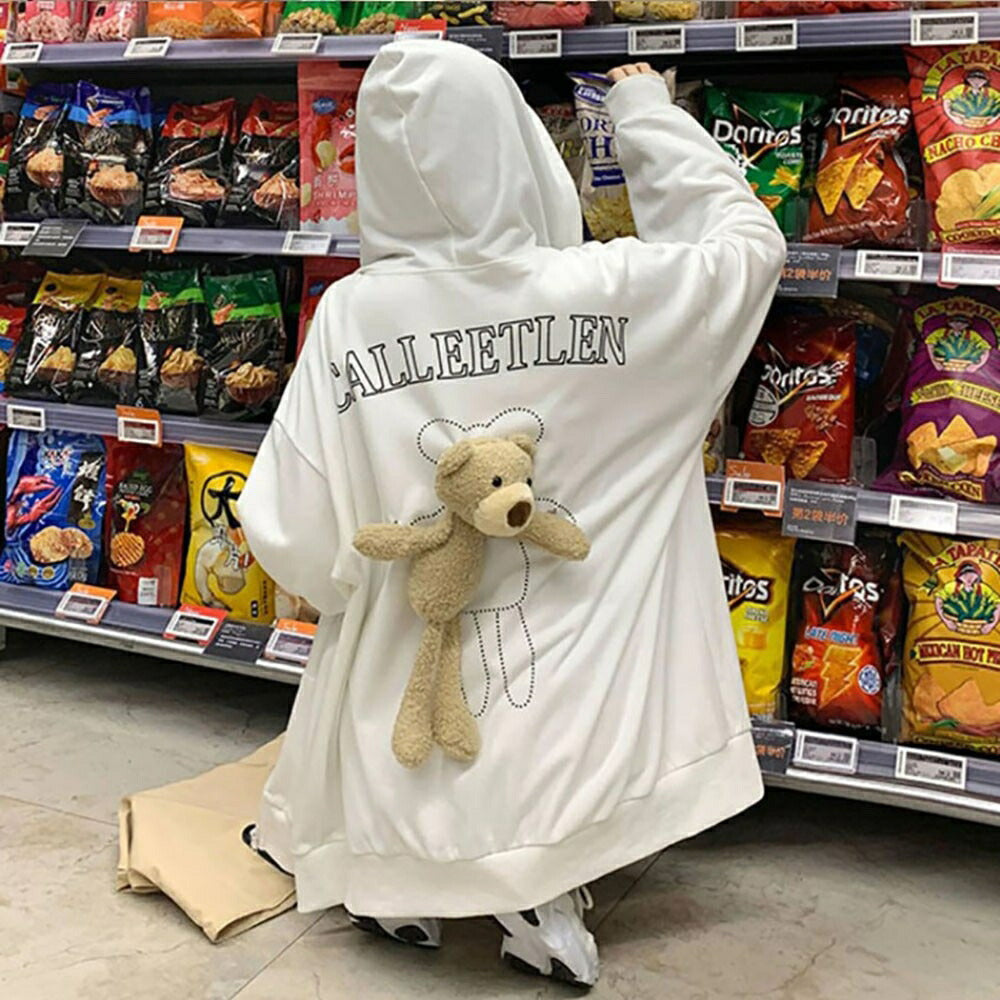 パーカー 女性 | 秋冬用テディーベア付きホワイトパーカー