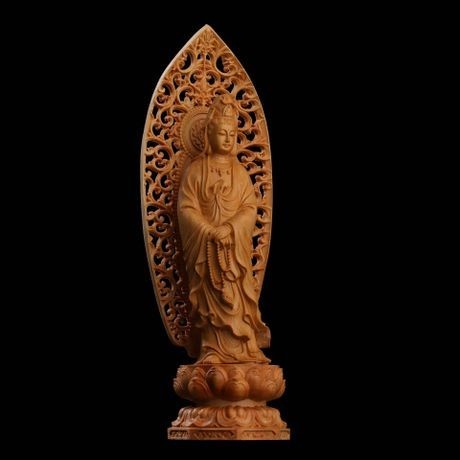 風水 インテリア | 高級天然ツゲ木彫り 観音菩薩立像 透かし彫り装飾