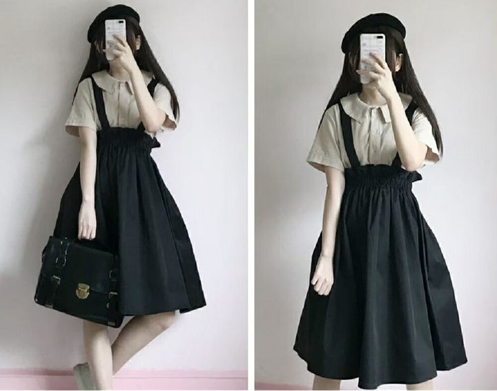 ボトムス 女性 | ブラック無地フレアサスペンダースカート