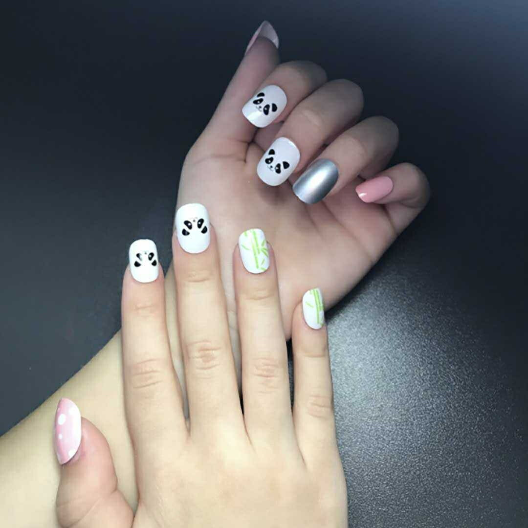 コスメティック | パンダデザイン キッズネイルチップ 24個入り - 子供用ショートサイズ