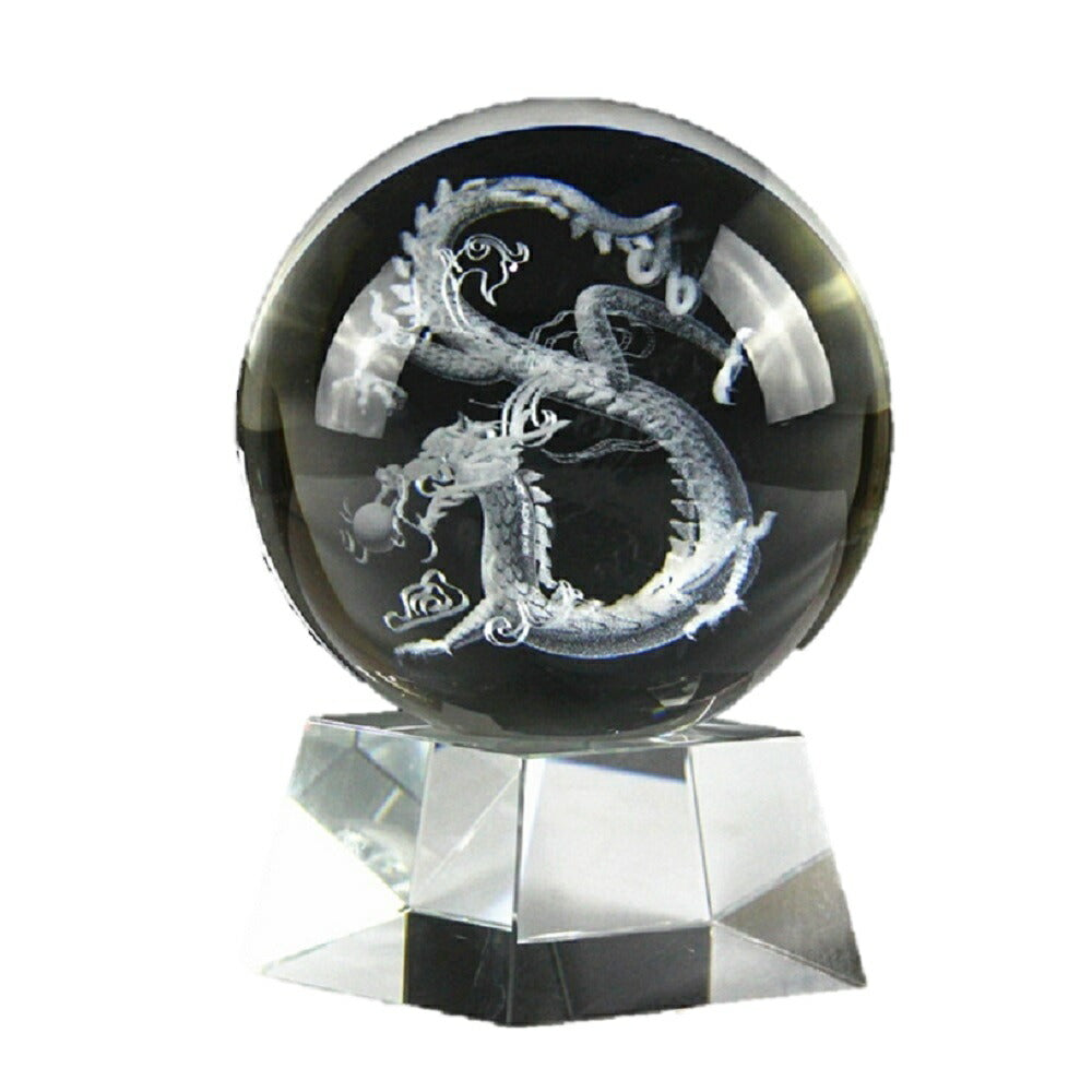 風水 インテリア | 水晶龍の置物 100mm 昇龍レーザー彫り クリスタル球