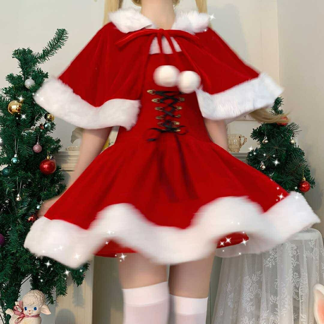 仮装 | クリスマス用サンタポンチョと猫耳ポンポン帽子 コスプレセット