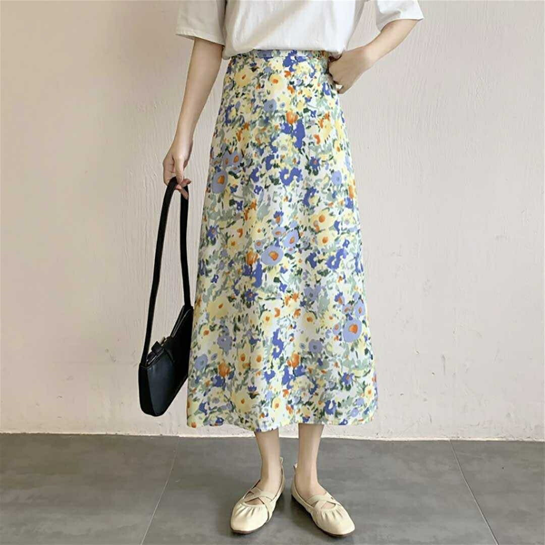 ボトムス 女性 | 青い小花柄フレアスカート レディース マキシ丈