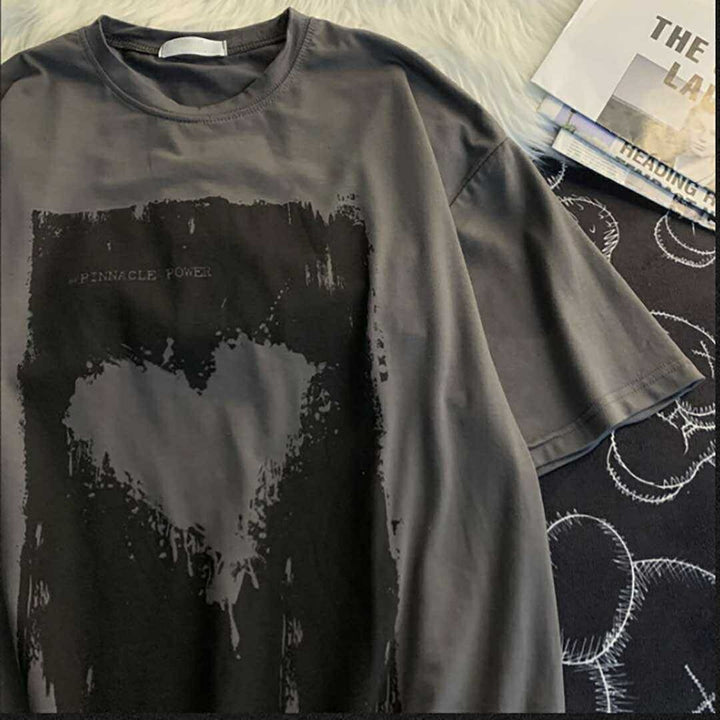 シャツ 女性 | ダークグレー ハート半袖Tシャツ Lサイズ - ゆったり韓国ファッション