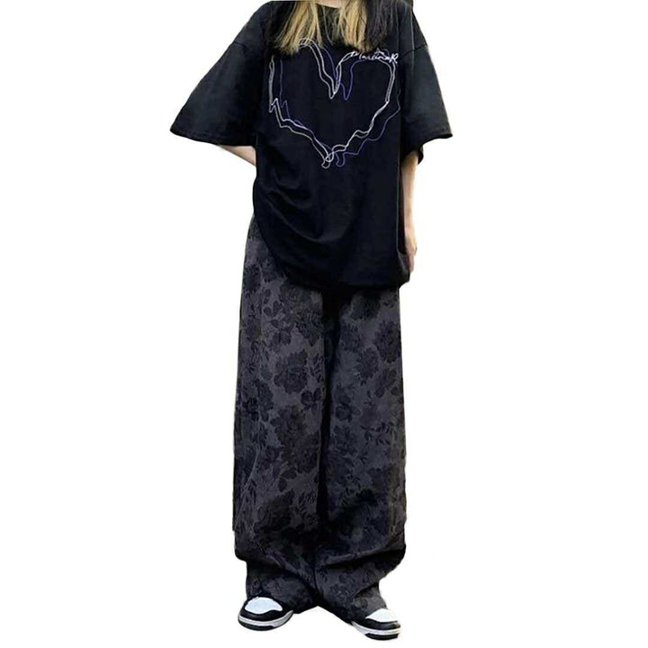 ボトムス 女性 | 花柄ワイドパンツ Lサイズ（ブラック/ブラウン）