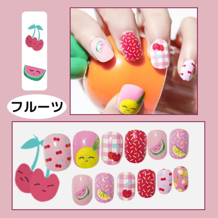 コスメティック | 子供用ネイルチップ 24個入り 猫＆フルーツデザイン