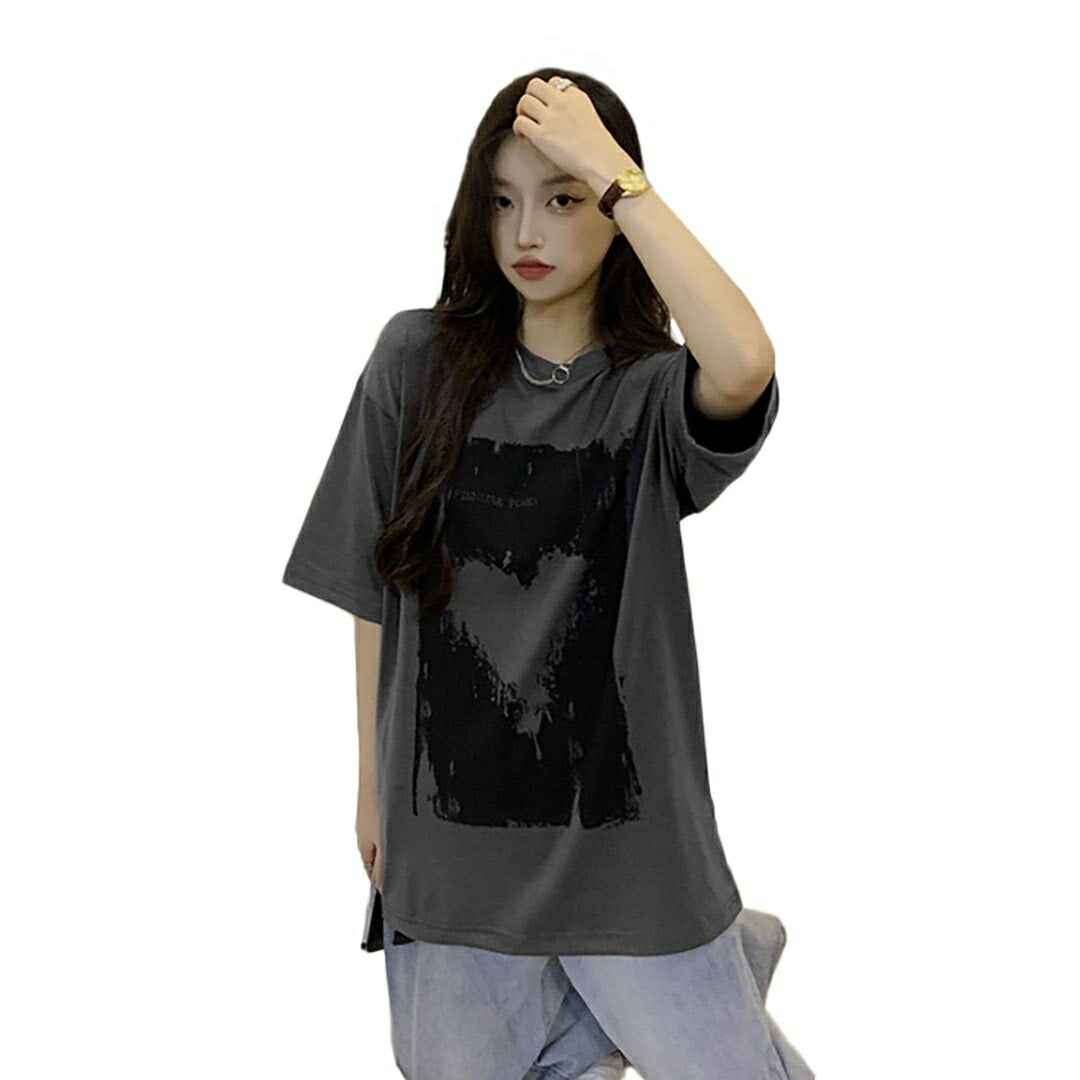 シャツ 女性 | ダークグレー ハート半袖Tシャツ Lサイズ - ゆったり韓国ファッション