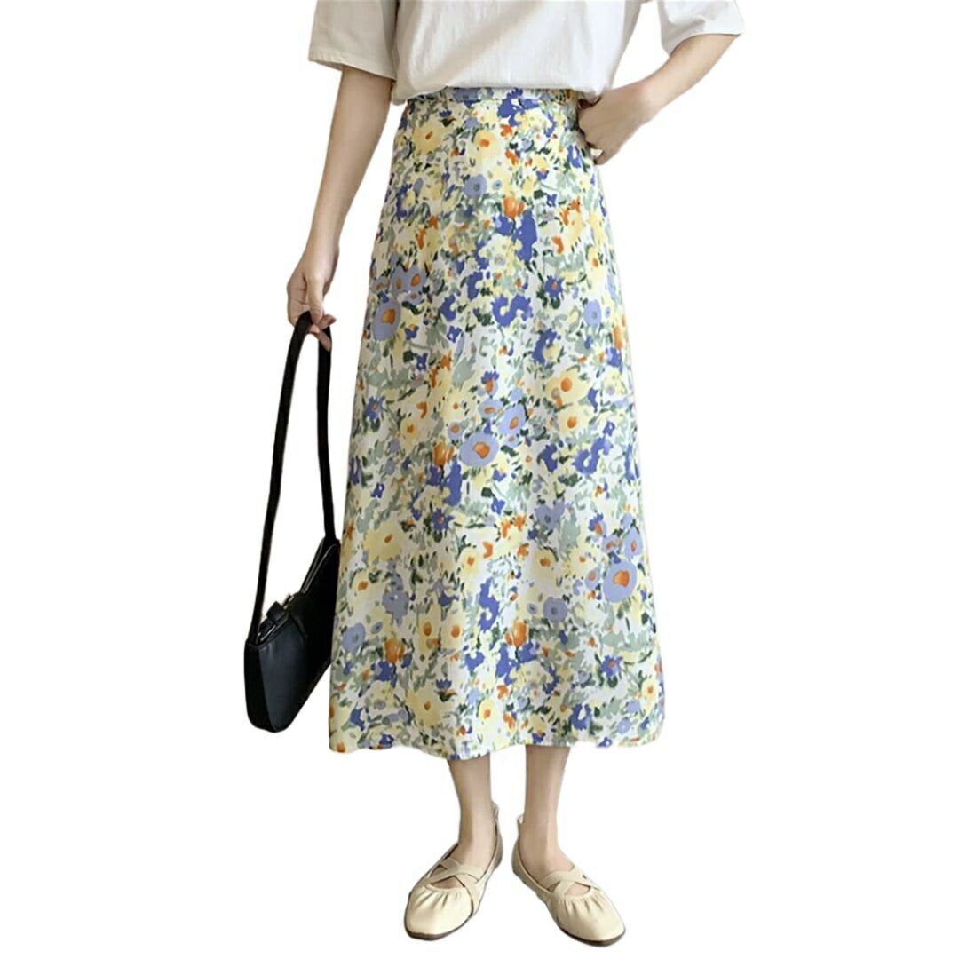 ボトムス 女性 | 青い小花柄フレアスカート レディース マキシ丈