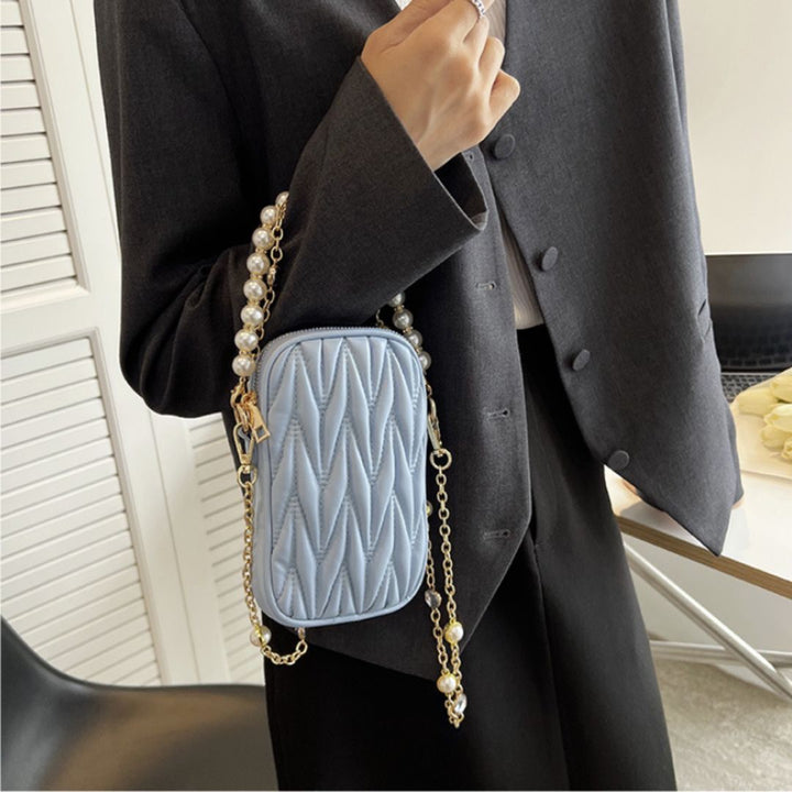 バッグ | キルティング ミニショルダーバッグ 2way パールチェーン - ホワイト/ライトブルー