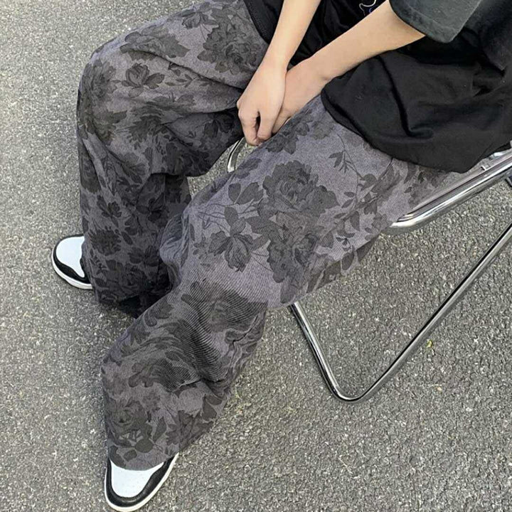 ボトムス 女性 | 花柄ワイドパンツ Lサイズ（ブラック/ブラウン）