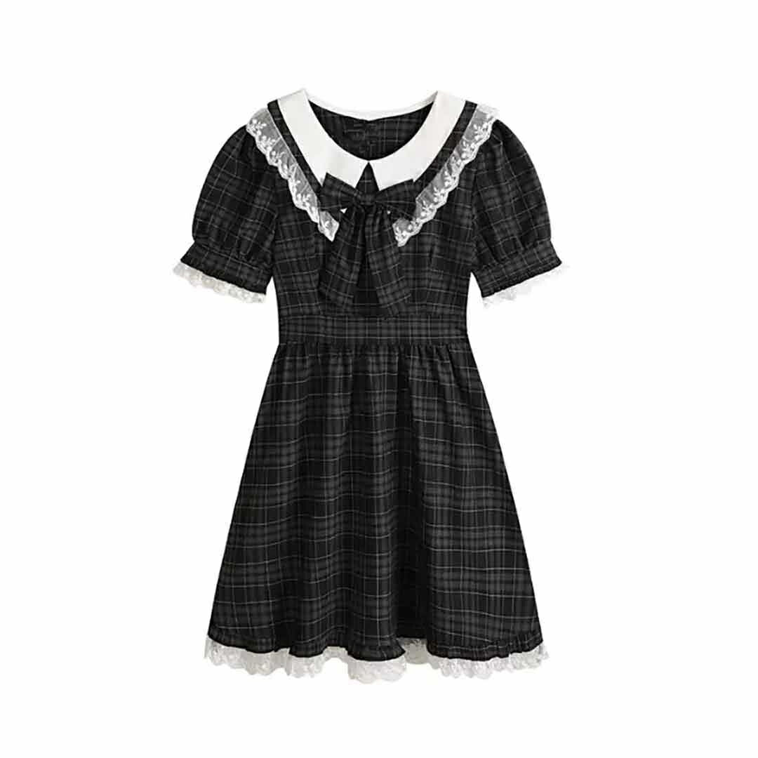 ワンピース ドレス | ブラックチェック柄ワンピース 半袖リボン付き Mサイズ