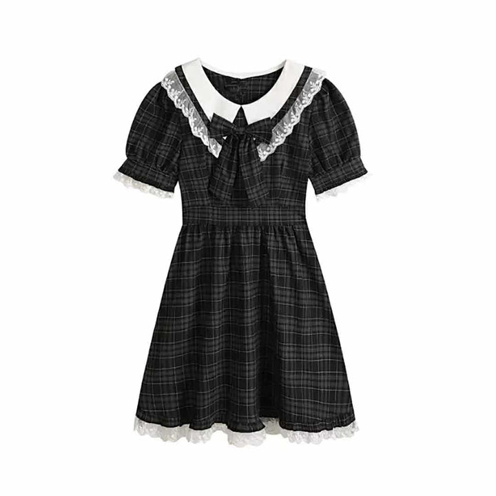 ワンピース ドレス | ブラックチェック柄ワンピース 半袖リボン付き Mサイズ