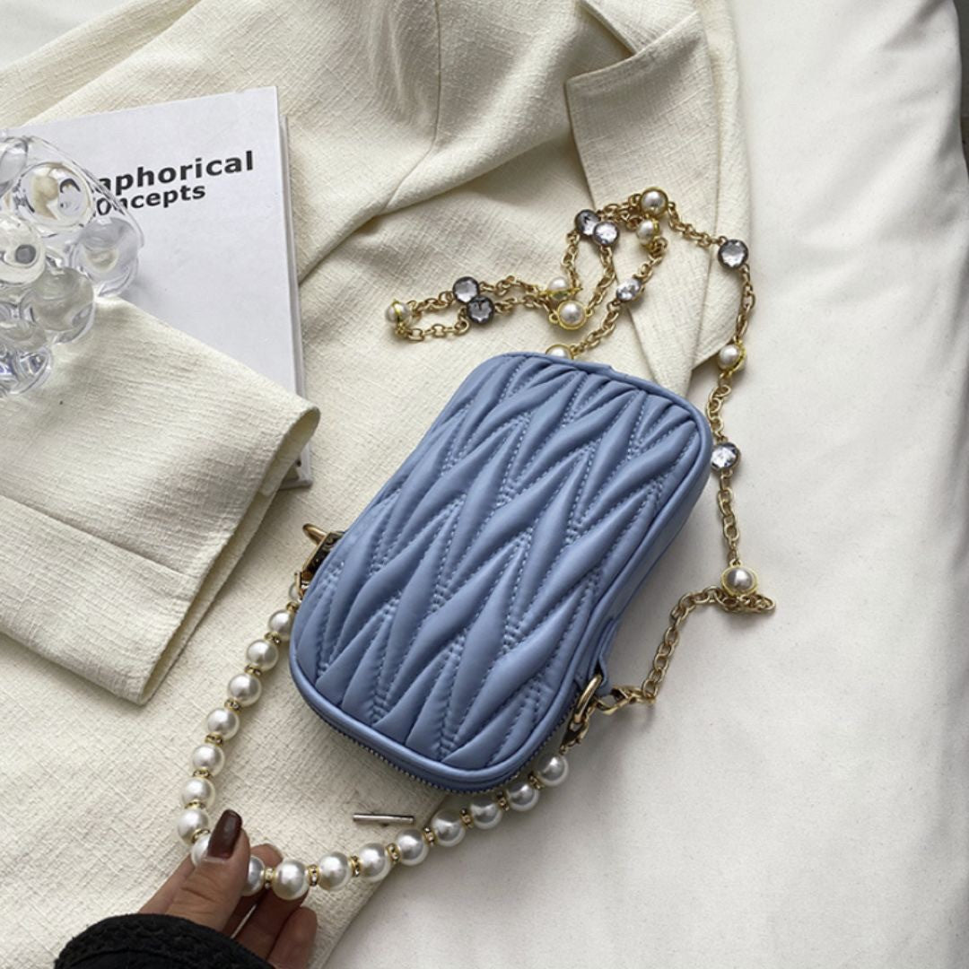 バッグ | キルティング ミニショルダーバッグ 2way パールチェーン - ホワイト/ライトブルー