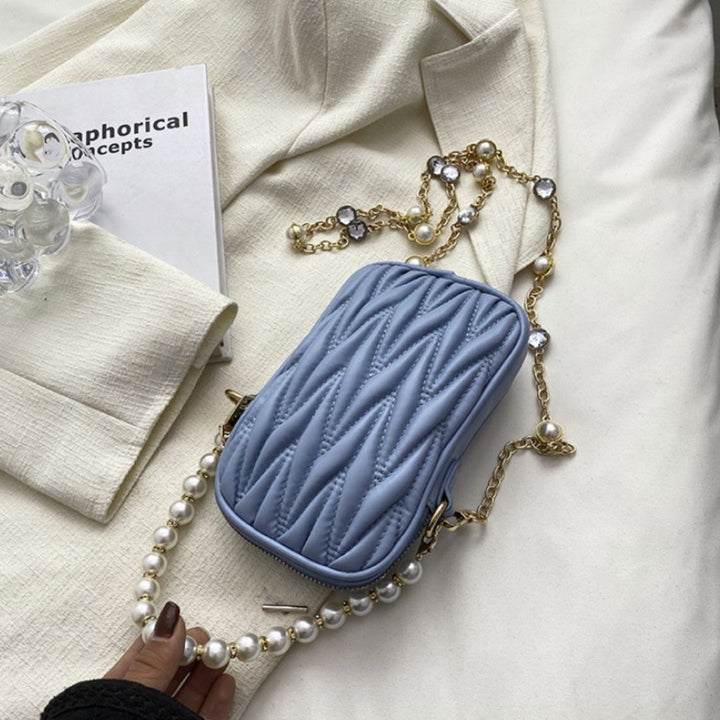 バッグ | キルティング ミニショルダーバッグ 2way パールチェーン - ホワイト/ライトブルー