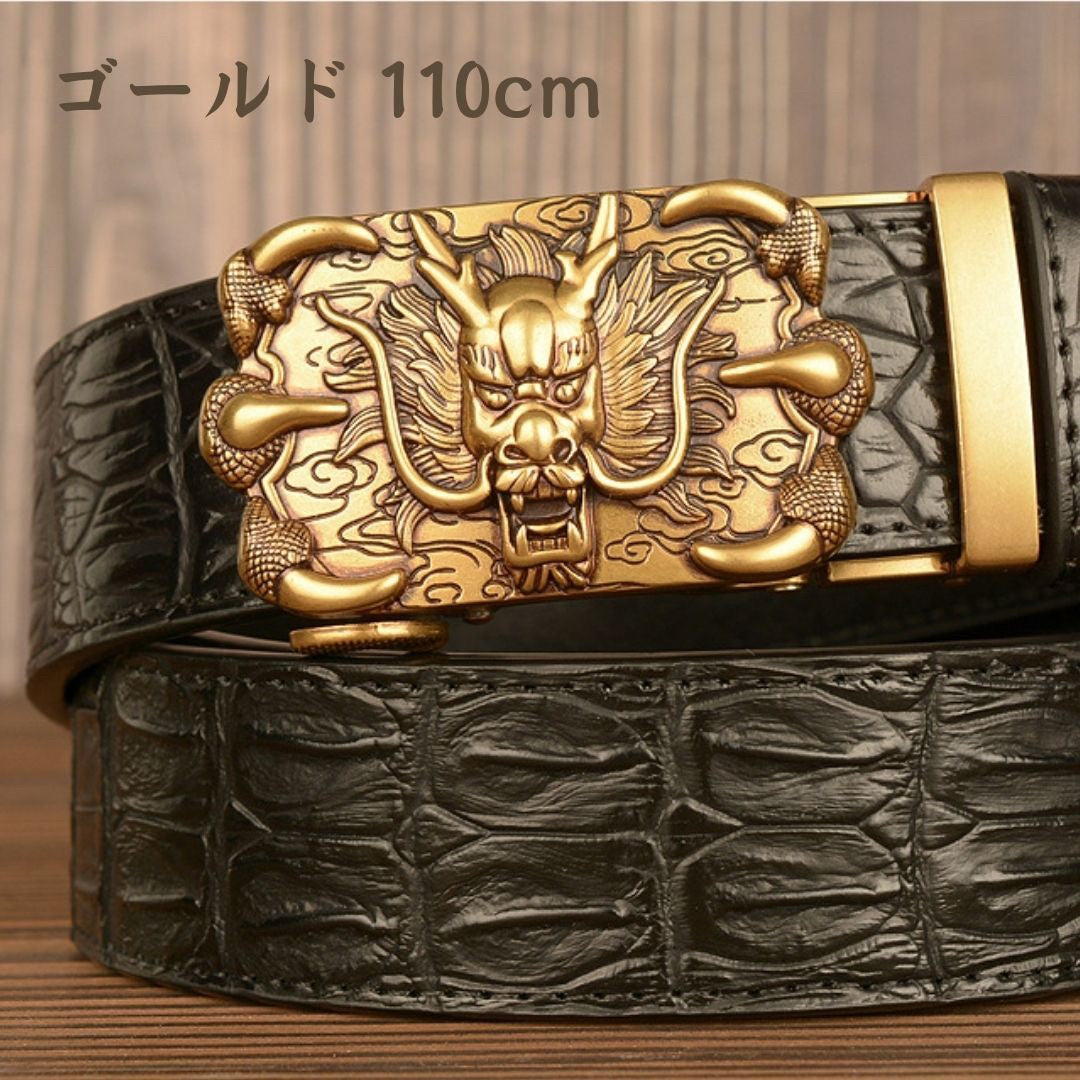 ベルト | ドラゴンデザイン スライド式合金バックル メンズベルト（ゴールド/シルバー、110cm）