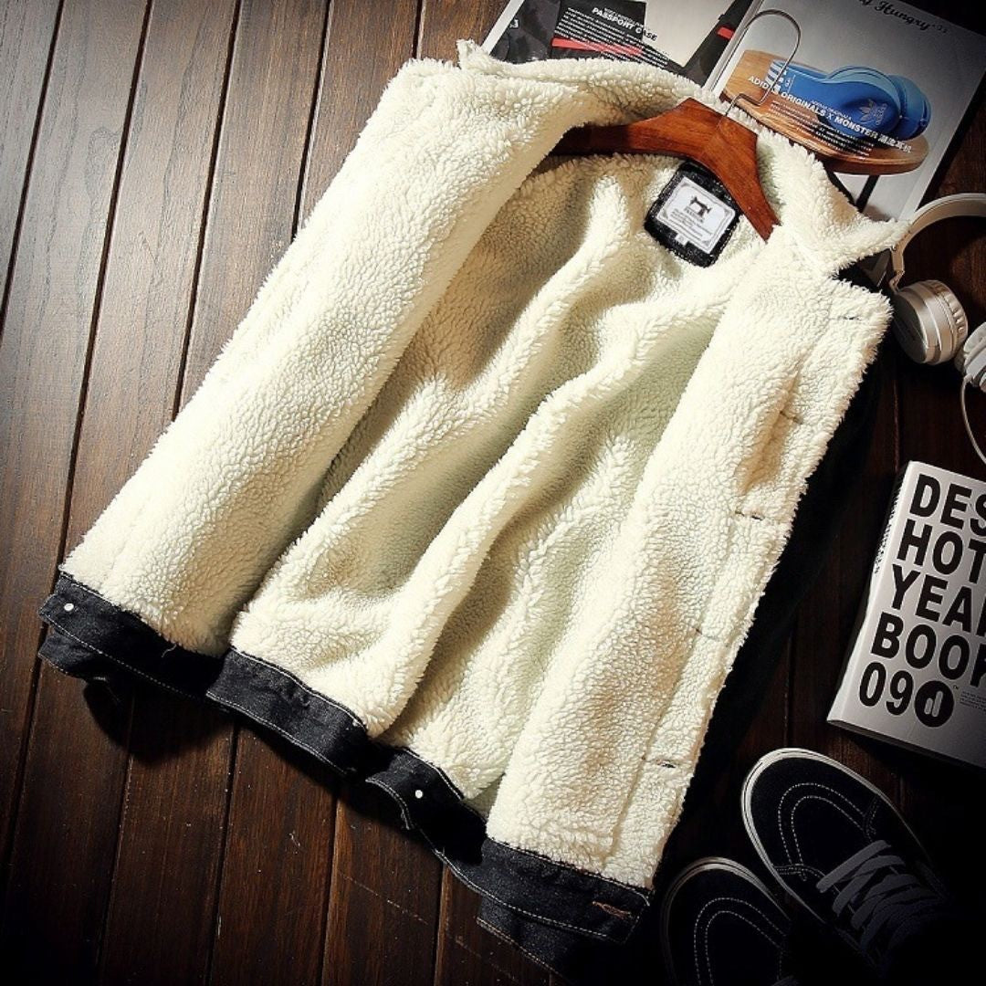 アウタージャケット 男性 | メンズ デニムジャケット 秋冬用 シンプル無地・暖かいウールフリース