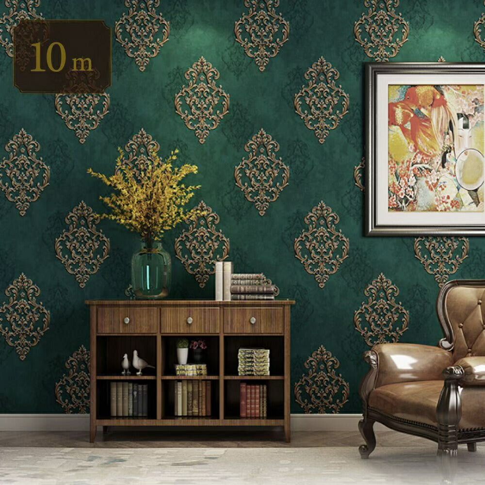 インテリア グッズ | グリーンダマスク柄シール壁紙 53cm×1000cm DIY向け