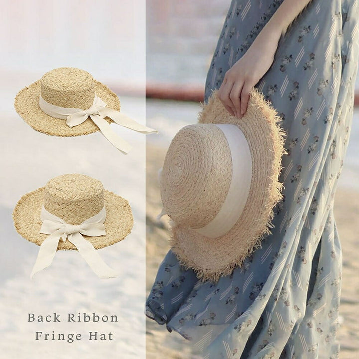 キャップ | アイボリーリボン付きフリンジ麦わら帽子 レディースフリーサイズ
