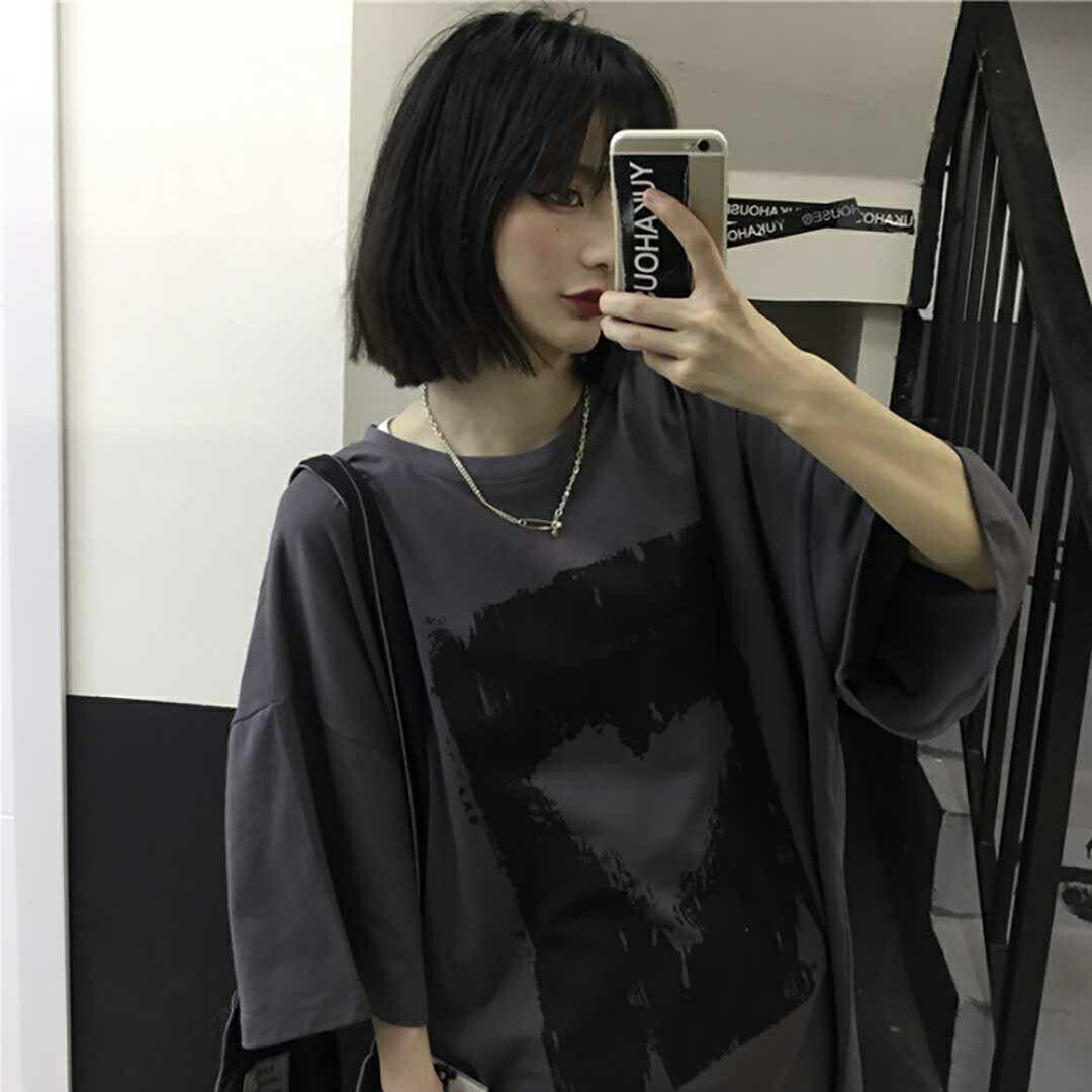 シャツ 女性 | ダークグレー ハート半袖Tシャツ Lサイズ - ゆったり韓国ファッション