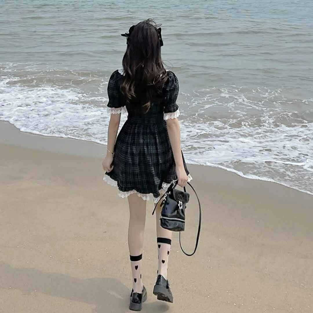 ワンピース ドレス | ブラックチェック柄ワンピース 半袖リボン付き Mサイズ