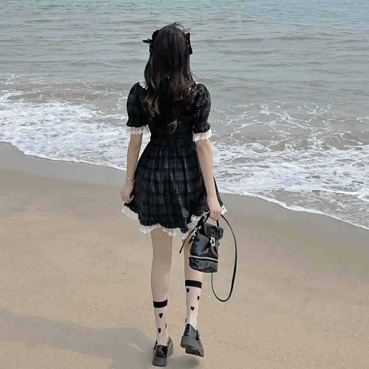 ワンピース ドレス | ブラックチェック柄ワンピース 半袖リボン付き Mサイズ