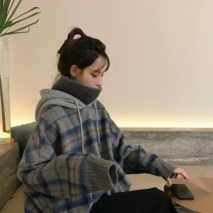 パーカー 女性 | ハイネック チェック柄 オーバーサイズパーカー