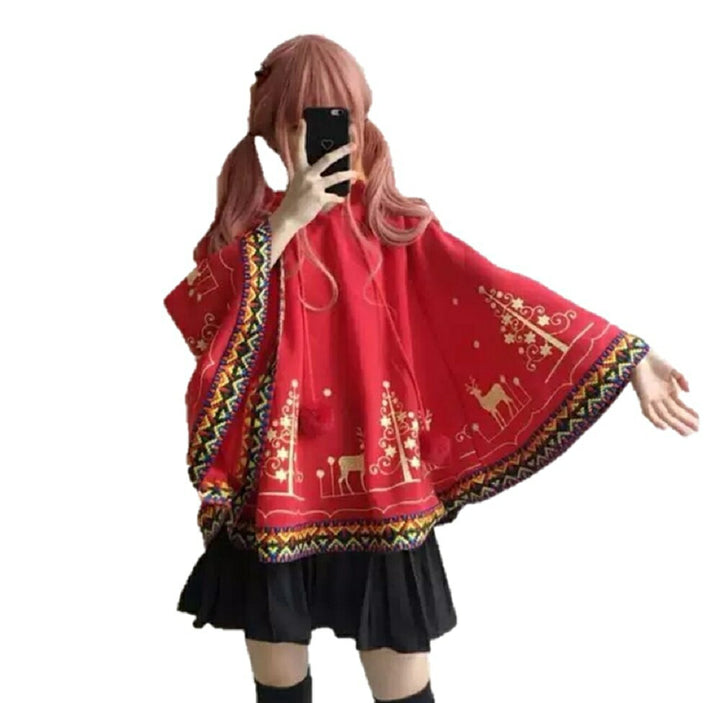 パーカー 女性 | レッド トナカイ柄 クリスマス ポンチョ