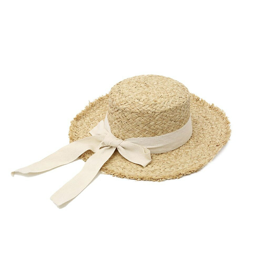 キャップ | アイボリーリボン付きフリンジ麦わら帽子 レディースフリーサイズ