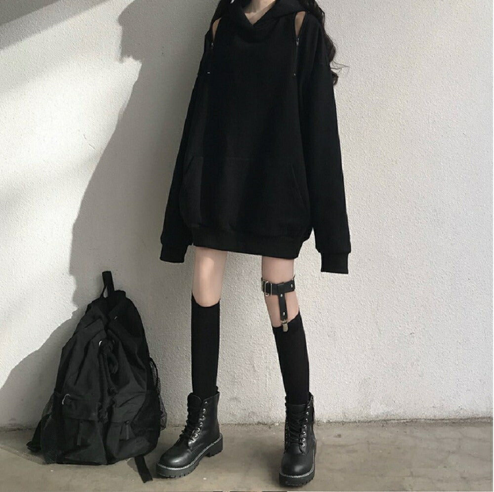 パーカー 女性 | ブラックオフショルダーパーカー ビッグシルエット