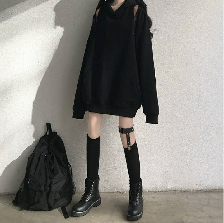 パーカー 女性 | ブラックオフショルダーパーカー ビッグシルエット