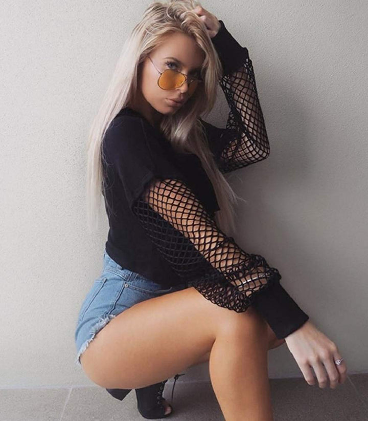 シャツ 女性 | HIPHOP ストリートダンス衣装 フード付き透け編みトップス