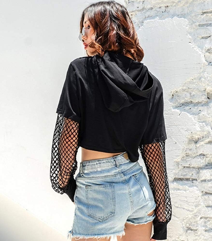 シャツ 女性 | HIPHOP ストリートダンス衣装 フード付き透け編みトップス