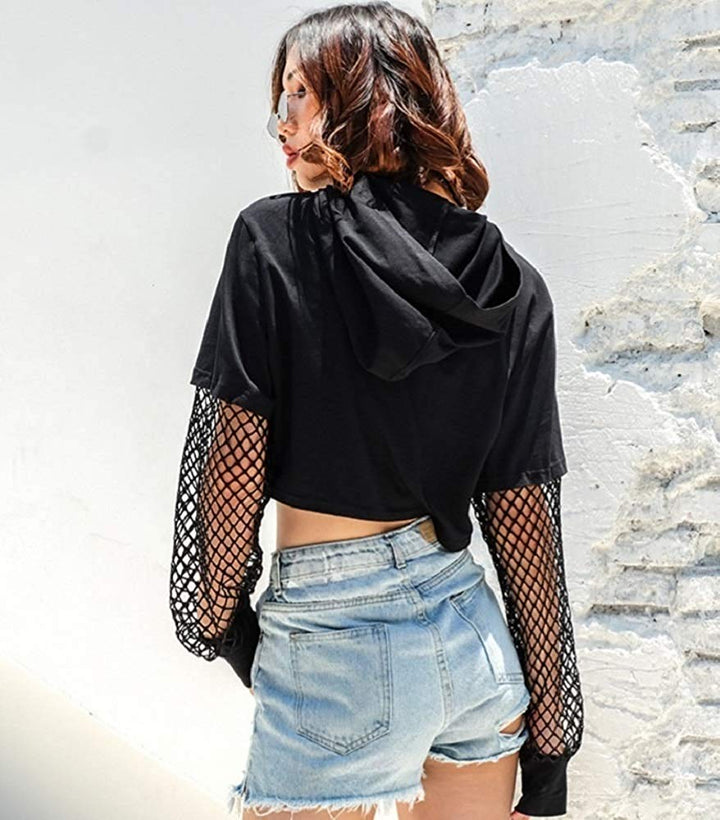 シャツ 女性 | HIPHOP ストリートダンス衣装 フード付き透け編みトップス