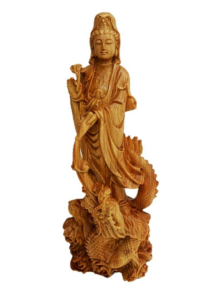 風水 インテリア | ツゲ木彫り観音像 置物 - 風水金運向上、開店祝いに