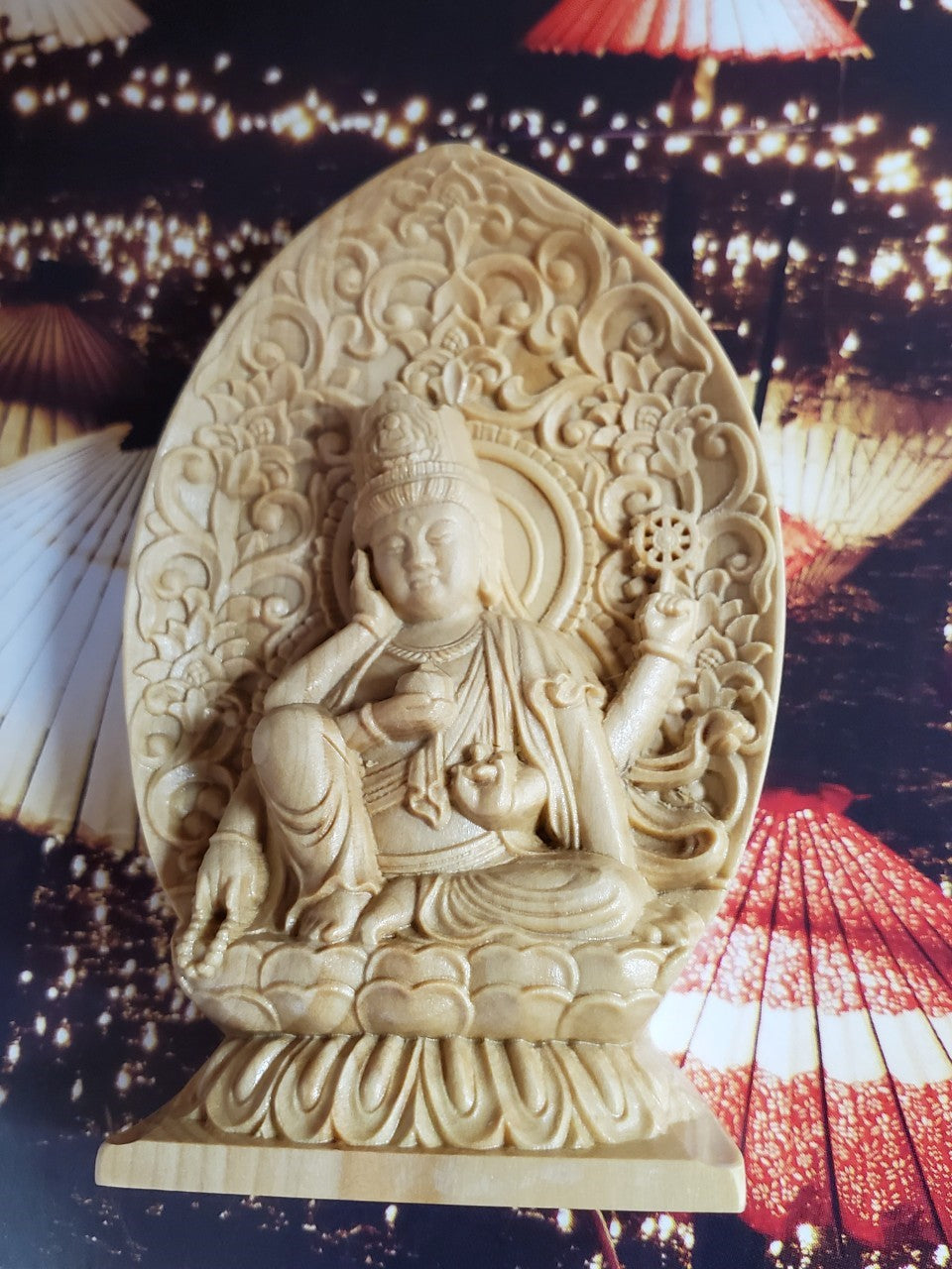 風水 インテリア | 桧木製如意輪観音座像 - 縁起物・開運置物