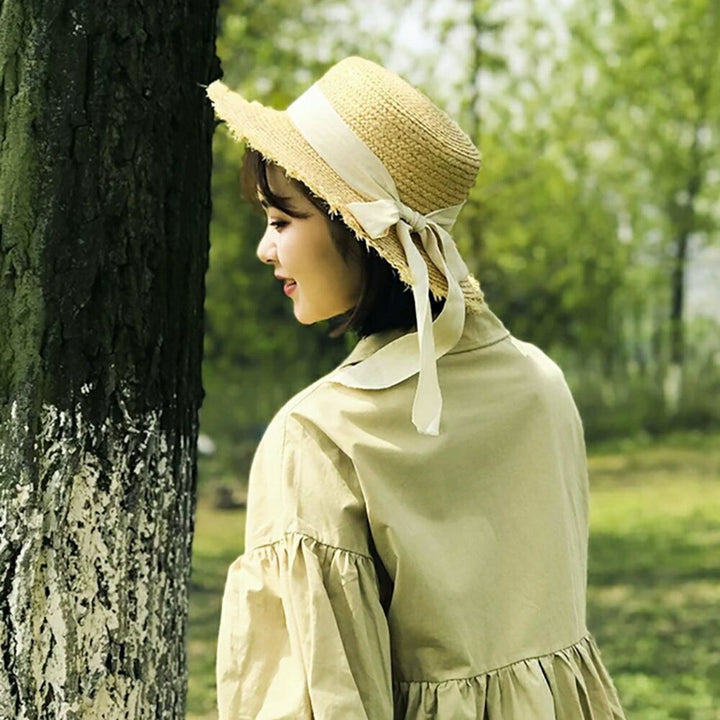 キャップ | アイボリーリボン付きフリンジ麦わら帽子 レディースフリーサイズ