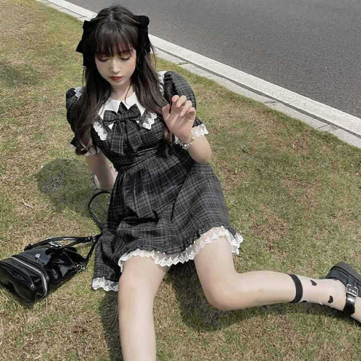 ワンピース ドレス | ブラックチェック柄ワンピース 半袖リボン付き Mサイズ