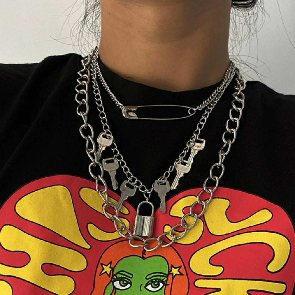 ネックレス | ハート＆キー南京錠デザイン ネックレス - シルバー【メンズ・レディース】