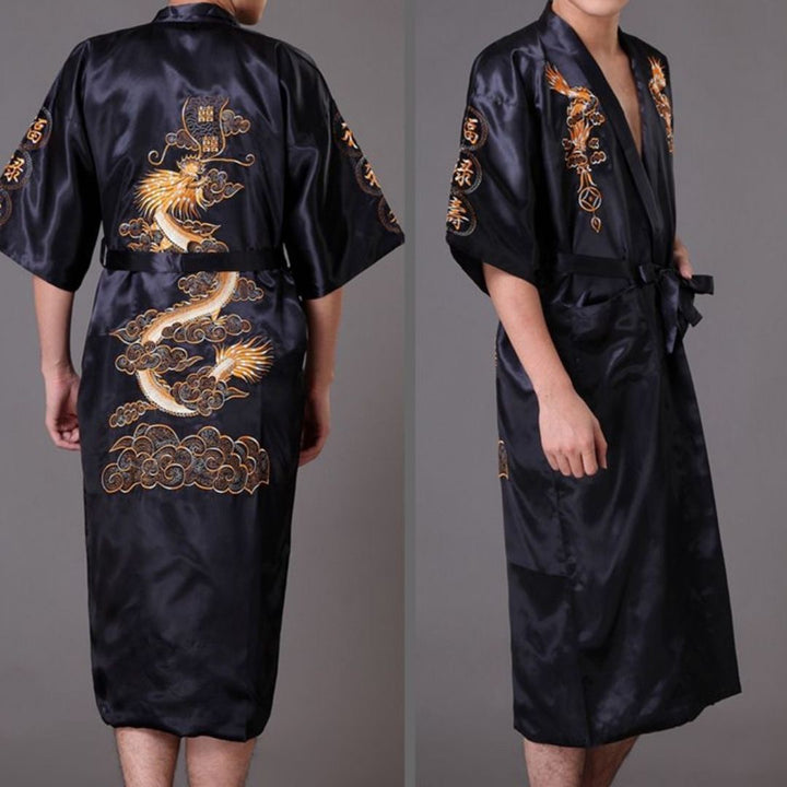 男性ファッション その他 | 龍刺繍サテンシルクバスローブ - 3色展開