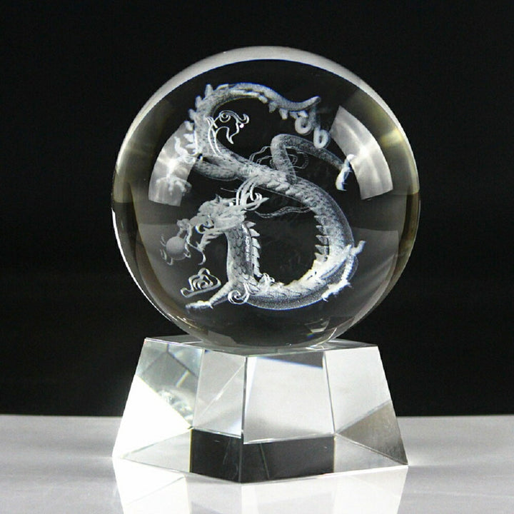 風水 インテリア | 水晶龍の置物 100mm 昇龍レーザー彫り クリスタル球